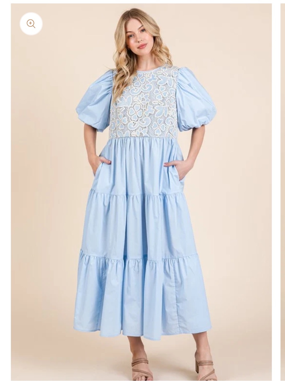 Light Blue Lace Bodice Puff Sleeve Maxi Dress with Tiered Skirt